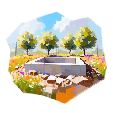 A partially built foundation is set amidst a vibrant, lush green landscape. The foundation consists of concrete blocks and steel reinforcements, showing signs of recent construction. Surrounding the foundation, vibrant grass and wildflowers bloom in a variety of colors, creating a contrast with the gray materials. In the background, a row of tall trees provides shade, and a clear blue sky spills over the scene. The sunlight casts gentle shadows, enhancing the textures of both the foundation and the landscape.