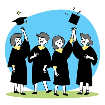 A group of four friends, all wearing black graduation gowns, stand closely together on a grassy area. They are smiling broadly, celebrating their achievement. Each friend holds a graduation cap, which they are preparing to toss into the air. The sunlight casts a warm glow on their faces, illuminating their excitement. In the background, a clear blue sky can be seen, providing a vibrant backdrop to the graduation celebration.
