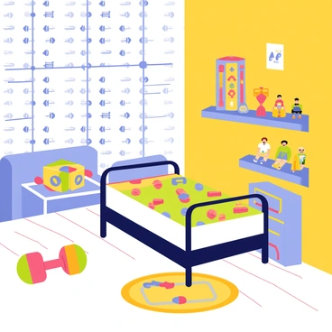 A child's bedroom featuring dumbbell-themed wallpaper in bright colors like blue and yellow. The walls are adorned with various patterns of dumbbells in different sizes. In the center of the room, there is a small bed with a colorful quilt that has illustrations of weights and fitness gear. Nearby, a plush toy dumbbell in vibrant hues rests on a wooden floor. Shelves are lined with small action figures and fitness-related toys, adding to the playful atmosphere. A cheerful rug with a fitness motif completes the room's decor.