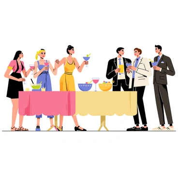 A fancy cocktail party scene featuring elegantly dressed guests mingling in a stylish venue. There are tables adorned with colorful decorations and elegant tablecloths. Drinks are served in unique pill-shaped glasses, showcasing vibrant cocktails in a variety of colors, like bright pink, deep blue, and sunny yellow. Guests are holding these glasses, enjoying their drinks and engaging in conversations. The atmosphere is lively, with soft lighting and decorative elements enhancing the overall elegant vibe of the gathering.