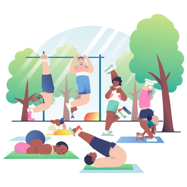 A group of six people is performing calisthenics exercises in a sunny park. The individuals include two women and four men of varying skin tones and fitness levels. They are engaged in different exercises: one woman is doing push-ups on a grassy patch, while a man nearby is performing lunges. Another man is hanging from a pull-up bar, and the second woman is practicing a handstand against a tree. Tall trees with green leaves surround the scene, and the sunlight filters through the branches, creating dappled patterns on the ground. There are a few colorful exercise mats laid out on the grass, and a clear blue sky is visible above.