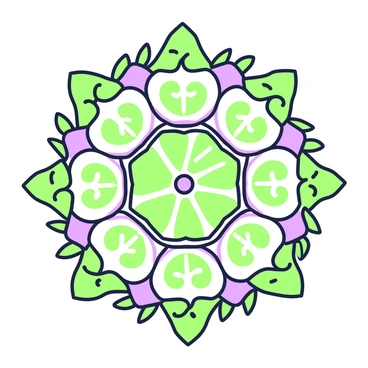 A mandala pattern is created using numerous "lemon slices" arranged in circular formations. Each slice displays its segments and seeds clearly, surrounded by "green leaves" that fan outwards between the slices. The leaves have defined veins and varying sizes, enhancing the intricate design. The entire composition showcases a harmonious balance between the "lemon slices" and "leaves", creating an appealing visual symmetry in the pattern.