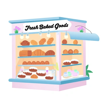 A small bakery kiosk with a warm, inviting exterior made of light wood and adorned with colorful flower boxes. Inside the kiosk, shelves are lined with an assortment of freshly baked goods, including golden-brown loaves of bread, flaky croissants, and an array of pastries dusted with powdered sugar. The warm glow from hanging pendant lights highlights the delicious treats. A sign hangs above the counter, displaying the words "Fresh Baked Goods" in a charming font. A display case features an assortment of colorful macarons and cupcakes, enticing customers.
