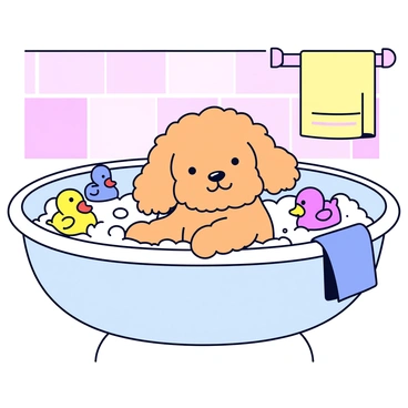 A cavapoo with fluffy, curly fur is sitting in a bathtub filled with bubbles. The dog's expression is joyful as it splashes water playfully. Surrounding the cavapoo are several colorful rubber duck toys floating on the surface of the bubbly water. The bathroom has soft, pastel-colored tiles and a small towel hanging nearby. A few soap suds are gently dripping from the dog's fur, adding to the playful atmosphere.