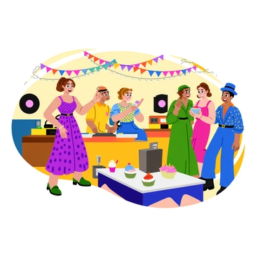 A woman dressed in a vintage-style dress with polka dots and a cinched waist stands joyfully at her retro-themed birthday party. The room is adorned with colorful bunting and string lights, creating a festive atmosphere. Various vintage decorations, such as old-fashioned record players and classic vinyl records, are placed around the room. Guests are wearing outfits from the same era, with some donning fedoras and others in elegant dresses. A table is filled with old-fashioned treats like cake pops and patterned cupcakes. “Happy Birthday” is boldly displayed on a banner overhead.
