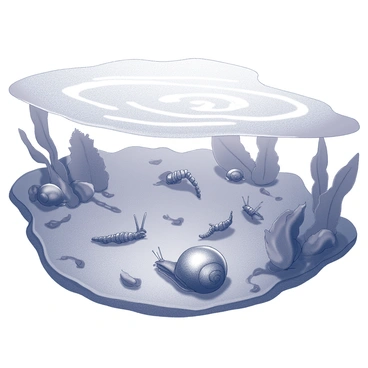 A riverbed scene showcasing the underwater environment. The bottom of the river is covered with various types of organic matter, including fallen leaves and decaying plant material. Snails can be seen crawling along the riverbed, their shells partially buried in the sediment. Worms are present, wriggling through the mud as they break down the organic matter. The tranquil movement of the water creates gentle ripples above this bustling ecosystem, enhancing the atmosphere of life beneath the surface.