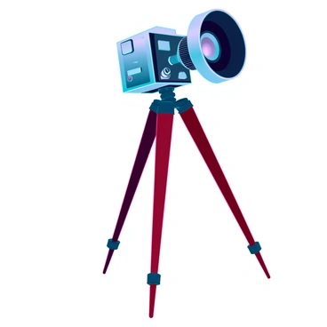 A classic black-and-white film camera with a shiny metallic body and intricate dials is positioned on a sturdy wooden tripod. The tripod features elegant, polished wooden legs with brass fittings. The camera lens is large and prominently displayed, reflecting light in sharp contrast. The scene is set against a plain, undistracted background, allowing the camera and tripod to be the focal points of the image.