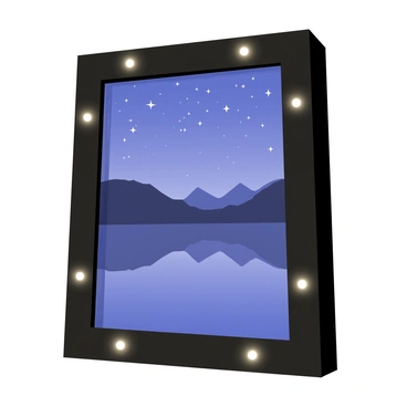 A picture frame with a rectangular shape featuring embedded LED lights along its edges. The frame is of a glossy black color and the LED lights emit a soft white glow. Inside the frame is a night-time portrait of a serene landscape, showing a calm lake under a starlit sky. The reflection of the stars on the water adds depth to the scene, while the silhouette of distant mountains is visible in the background. The LED lights accentuate the portrait, creating a warm and inviting atmosphere.