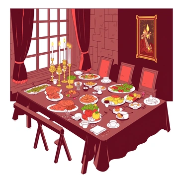 A warm candlelit feast is taking place in a grand dining hall. The large wooden table is elegantly set with fine china, shiny silverware, and crystal glasses. Flickering candles are placed in ornate gilded holders, casting soft light across the table. A lavish spread of gourmet dishes, including roasted meats and colorful vegetables, is arranged artfully on large platters. Rich, deep curtains frame tall windows, and intricate tapestries adorn the stone walls of the hall. At the far end of the table, there are empty chairs, indicating the royal family is about to arrive for the feast.