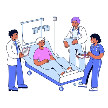 A hospital room with a patient sitting on a bed. The patient has an IV drip connected to their arm. Surrounding the patient are three healthcare professionals. One is a doctor wearing a white coat, holding a clipboard and discussing the treatment plan. Another is a nurse, wearing scrubs, preparing a syringe on a nearby tray. The third professional is a medical assistant, checking the patient's vitals with a digital monitor. Bright, clinical lighting fills the room, and medical equipment is visible in the background.