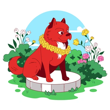 A red foo dog with a serene expression is sitting on a stone pedestal in the center of a tranquil garden. The foo dog is adorned with a garland of vibrant yellow flowers that drapes gracefully around its neck. Surrounding the foo dog, there are lush green plants and a variety of blooming flowers in different colors. The garden features a soft, manicured lawn and a clear blue sky overhead.