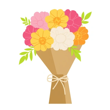 A bouquet of mixed colored carnations featuring shades of pink, yellow, and white. The flowers are arranged in a tight formation, displaying their lush petals. The bouquet is wrapped in rustic brown paper, with natural twine securing it at the base. Green leaves are peeking out from the sides, enhancing the overall vibrancy of the arrangement. The background is softly blurred to emphasize the beauty of the bouquet.