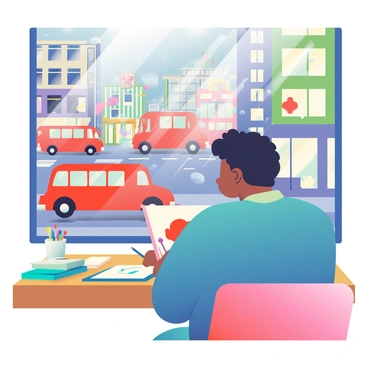 An illustrator with medium skin is sitting at a wooden desk by a window, surrounded by art supplies such as sketchbooks, colored pencils, and brushes. Outside the window, a rainy London street is visible, with wet pavement reflecting the colorful lights from nearby shops. Classic red double-decker buses and black cabs are driving by, creating splashes of water. The sky is overcast with gray clouds, and raindrops streak down the windowpane. The illustrator gazes thoughtfully at the scene, a sketchpad open in front of them capturing the vibrant dynamics of the rainy day.