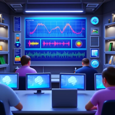 A digital analysis display showcasing "brain activity" with various colorful data graphs and waveforms. The display is situated in a modern "tech lab" filled with high-tech equipment and computer monitors. There are sleek, metallic surfaces and an ambient lighting setup that enhances the technological atmosphere. The display features animated visuals that represent different activity levels, with bright colors indicating varying levels of stimulation. "Researchers" can be seen in the background, focused on the data, creating an engaging environment of scientific exploration.