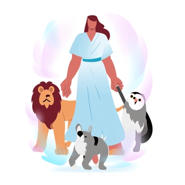 Themis stands tall, embodying strength and justice. She is adorned in flowing robes that symbolize her role as the goddess of justice. Surrounding her are various animal guardians, each representing different aspects of protection and vigilance. A majestic lion stands on her left, exuding courage and power. On her right, a wise owl perches, symbolizing wisdom and insight. At her feet, a vigilant dog is positioned, portraying loyalty and guardianship. The scene is filled with harmonious pastel colors, creating a tranquil yet powerful atmosphere around Themis and her guardians.