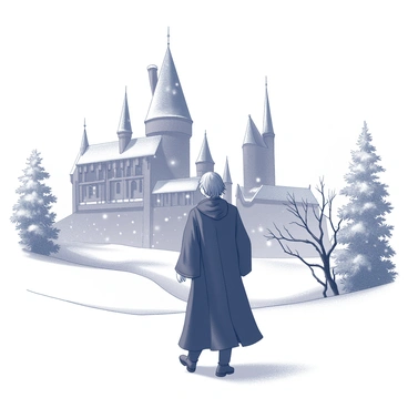 A figure dressed in a long black robe walks through a snowy landscape at Hogwarts. The scene features a large castle in the background, with its turrets and tall chimneys partially covered in a blanket of snow. Snowflakes are falling gently around the figure, creating a soft, wintery atmosphere. The ground is completely white with freshly fallen snow, and the trees nearby have branches dusted in snow, lending a serene quality to the environment. The figure's hair flows slightly as he moves, adding a sense of motion to the scene.