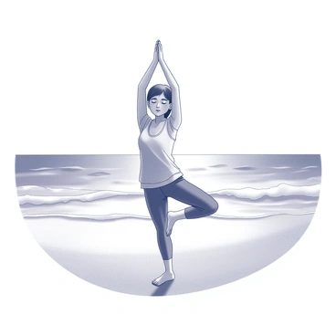 A girl is performing yoga on a beach during sunrise. She is standing in a balanced pose, with her arms raised overhead and her eyes closed in concentration. The soft sand beneath her feet is slightly disturbed, showing her footprint. In the background, gentle waves are lapping at the shore, creating a rhythmic pattern. The horizon is lit with soft light as the sun begins to rise. The scene conveys a sense of tranquility and focus, with the beach setting enhancing the peaceful atmosphere.