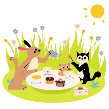 A sunny meadow filled with vibrant green grass and colorful wildflowers serves as the backdrop for a tea party. Various animals, including a brown rabbit, a cheerful squirrel, and a wise owl, are gathered around a small round table. The table is set with tiny floral-patterned cups and a variety of delectable cakes, including a layered strawberry cake and a plate of chocolate cupcakes. The rabbit, with its ears perked up, pours tea into a cup while the squirrel excitedly reaches for a cupcake, and the owl watches over the gathering with a friendly expression. Bright sunlight casts a warm glow over the scene, enhancing the joyful atmosphere.