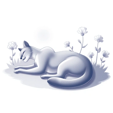 A puma is stretched out on a grassy area. It is lying comfortably with its eyes half-closed, appearing relaxed and content. Surrounding the puma are various wildflowers, including plants with delicate petals and vibrant shapes. The sun is shining brightly, creating distinct shadows on the ground. The scene conveys a sense of warmth and tranquility.