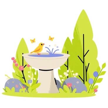 A garden scene featuring a stone birdbath positioned at the center. The birdbath has a shallow basin filled with water, reflecting the bright sunlight. A small, colorful bird is perched on the edge, splashing water joyfully as it baths. Surrounding the birdbath are vibrant green plants with various flowers in bloom, adding splashes of color. A few butterflies flutter nearby, enhancing the lively atmosphere of the garden. In the background, there are tall trees providing shade and depth to the scene.