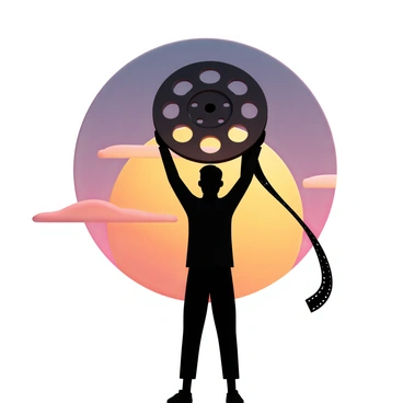 A silhouette of a person stands against a vibrant sunset, holding a huge film reel above their head. The sun is setting in the background, casting warm orange, pink, and purple hues across the sky. The person's outline is dark and defined, showcasing a stance that conveys determination and aspiration. The film reel is large, with visible architectural details like the spokes and winding film. The scene symbolizes the dreams of filmmaking, encapsulated in the figure’s proud posture.