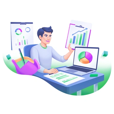 A modern pastel illustration depicting an entrepreneur engaged in market research. The entrepreneur, a middle-aged person with short black hair, is seated at a table. On the table are various charts, graphs, and reports scattered around. One chart is prominently displayed, showing a bar graph with rising values in shades of blue and green. A clipboard with notes is also present, alongside a laptop that is open and showing a colorful pie chart. The environment is bright and well-lit, emphasizing a professional setting.