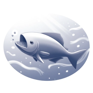 A sunfish, also known as a mola, is swimming in the ocean. Its large body is positioned horizontally, displaying its distinct flat shape and rounded edges. The mouth is open wide, revealing a glimpse of its inner structure as it feeds on plankton. Tiny, swirling particles of plankton can be seen around its open mouth, indicating the feeding process. Surrounding the sunfish, the ocean water is depicted with gentle currents and ripples, enhancing the underwater scene. Sunlight penetrates the surface, creating a dappled light effect in the surrounding water.