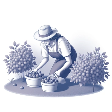 A farmer is bent over, picking ripe berries from a lush field. The farmer is wearing a straw hat and has a determined expression on their face. Baskets filled with freshly harvested berries are arranged neatly around them. The field is dotted with vibrant berry bushes, each heavy with fruit. In the background, a clear sky stretches overhead, showcasing a bright and unobstructed expanse.