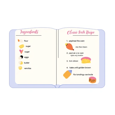 An illustrated recipe page featuring a classic torte. The page shows a list of ingredients on the left side, including "flour," "sugar," "eggs," "butter," and "vanilla extract," each with colorful illustrations of the items. On the right side, there is a series of clear steps for preparation, with each step accompanied by vibrant, cartoon-style illustrations. The steps include "preheat the oven," "mix the ingredients," and "bake until golden brown." At the top of the page, there is a banner that says "Classic Torte Recipe" in decorative lettering. The overall layout is bright and engaging, with a cheerful color palette.