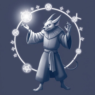 A skaven sorcerer stands in a dynamic pose, raising one clawed hand as he invokes a dark spell. His fur is detailed, giving texture to his figure, and he is adorned in tattered robes that flow around him. Various mystical symbols are illuminated in a circular pattern around him, each featuring intricate designs that suggest arcane power. The sorcerer's eyes glow with an intense light, emphasizing his connection to dark magic, while the background remains dark to highlight the glowing symbols.