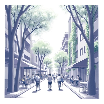 A bustling urban street filled with people walking and engaging in various activities. The buildings are tall and modern, featuring glass facades and balconies. Trees with thick trunks and ample foliage grow alongside the sidewalks, their branches reaching out and intertwining with each other. Vines climb up the sides of buildings, adding to the greenery of the scene. The street is lively, with bicycles parked beside the walkways and small outdoor cafes with patrons sitting at tables. The sunlight filters through the leaves, casting dappled shadows on the ground.