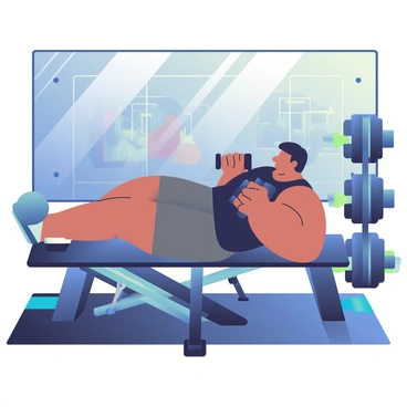 A person with a muscular build is lifting dumbbells while lying on a bench in a gym. The person has short black hair and is wearing a fitted black tank top and gray workout shorts. The gym is equipped with various exercise machines and weights, and the floor is covered in dark rubber mats. Dim lighting creates shadows around the area, while neon accents in blue and green illuminate parts of the walls and equipment. A large mirror is positioned behind the bench, reflecting the scene. The person's focused expression shows determination as they engage in their workout.