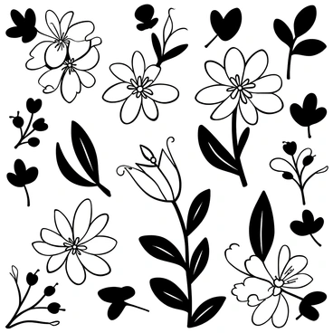 A black-and-white illustration featuring a pattern of blooming flowers. Each flower displays intricate petals with delicate curves and textures. Surrounding the flowers are various leaves, showcasing detailed veins and shapes. The composition is filled with a harmonious arrangement of flowers and leaves, creating a visually engaging pattern throughout the image.