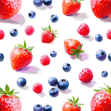 A repeating pattern featuring an assortment of berries, including plump strawberries, juicy blueberries, and vibrant raspberries. Each berry is realistically illustrated to show its texture and details, with the strawberries displaying their seeds and vibrant red color, the blueberries reflecting their deep blue hue, and the raspberries showcasing their delicate, fuzzy surface. The light background is soft and subtle, enhancing the colorful berries, which are arranged in a balanced and harmonious design throughout the pattern.