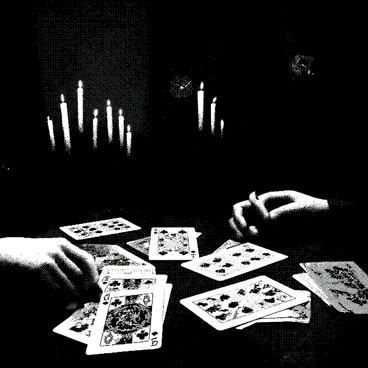 A dimly lit room is filled with shadows, illuminated only by the flickering light of several candles placed on a wooden table. On the table, a set of worn playing cards is spread out in an intricate pattern, their designs hinting at mystery and intrigue. A pair of hands, slightly weathered, hovers over the cards as if contemplating the next move. The walls of the room are adorned with dark, textured wallpaper, and a vintage clock can be seen in the background, its hands frozen in time. A sense of tension fills the air as the silence surrounds the players, amplifying the ambiance of the moment.