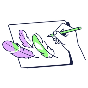 A hand is holding a pencil and sketching a series of delicate feathers on a piece of paper. The feathers vary in size and shape, with intricate details evident in the fine lines outlining their edges. The hand is positioned at the top left corner of the image, while the feathers extend across the page with soft curves and tapered points. Subtle shading enhances the texture of each feather, creating a realistic and three-dimensional appearance. In the background, a faint pencil line indicates the outline of the sketching paper.