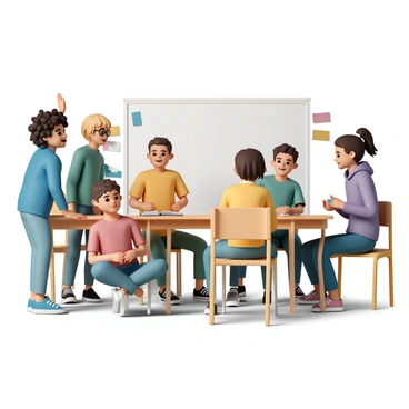 A group of five students engaged in a lively classroom discussion. One student, a young girl with curly black hair wearing a bright blue sweater and jeans, raises her hand enthusiastically. Beside her, a boy with short brown hair in a green t-shirt leans forward, listening intently. A girl with straight blonde hair in a red shirt sits cross-legged on a chair, looking animated as she speaks. Across from them, a boy with glasses and a yellow polo shirt takes notes, while a girl with long brown hair tied in a ponytail wears a purple hoodie and smiles. The classroom is filled with colorful posters on the walls, wooden desks, and a large whiteboard at the front.