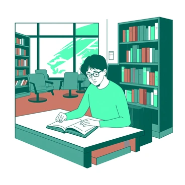 A teal person is sitting at a wooden table in a quiet library, deeply engrossed in a book. The person has short hair and wears glasses, with a focused expression on their face. Surrounding them are tall shelves filled with various books, some arranged by color and others by size. The library has a warm atmosphere with soft lighting illuminating the scene, and in the background, there are a few empty chairs and a large window with light streaming in, adding to the peaceful ambiance.