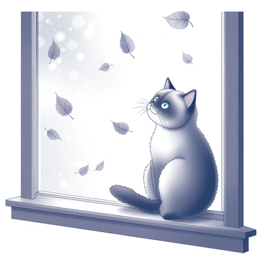 A ragdoll cat is sitting elegantly on a windowsill. The cat has a soft, fluffy coat and striking blue eyes, which are focused intently outside. The scene outside the window showcases a cascade of falling autumn leaves, swirling gently in the breeze. The leaves are a mix of shapes and sizes, representing the seasonal change. The window frame is wooden, adding a rustic touch to the setting. Sunlight filters through the glass, casting soft shadows inside the room, enhancing the peaceful atmosphere.