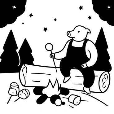 A pig sitting on a log next to a campfire, with small flames dancing in the foreground. The pig has a relaxed posture, holding a stick with a marshmallow over the fire. Several marshmallows are roasting on sticks laid nearby. In the background, a starlit sky is visible with scattered stars shining brightly. There are silhouettes of trees framing the scene, adding depth to the atmosphere.