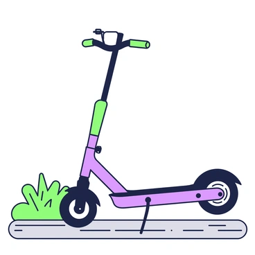 An electric scooter is parked on a paved surface, angled slightly to showcase its features. The braking system is prominently displayed, highlighting the brake lever on the handlebar, which is equipped with a textured grip for easy handling. Below, the rear wheel features a disc brake, clearly visible with its metallic rotor and caliper assembly. The scooter's frame is sleek, with a clearly defined outline and minimalistic design. Nearby, a small patch of grass adds a touch of nature to the urban environment, contrasting with the scooter's modern elements.