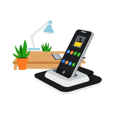 A smartphone with a black and silver design is wirelessly charging on a sleek, modern docking station. The dock features a smooth, glossy surface and a subtle LED indicator light glowing softly. The background showcases a minimalist workspace with a wooden desk and a few surrounding decorative plants, adding a touch of greenery to the scene. The smartphone's screen displays colorful app icons, and a faint reflection is visible on the dock's surface, enhancing the contemporary look.