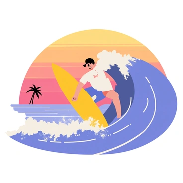 A surfer with a bright yellow surfboard is carving through a massive, blue wave. The wave is frothy and splashing, capturing the motion of the ride. Above, the sky is painted with warm hues of orange, pink, and purple as the sun sets on the horizon. Silhouettes of distant palm trees can be seen, framed against the colorful sky, adding to the beach atmosphere.