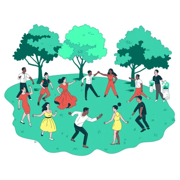 A teal dance circle is formed in the center of a grassy park, filled with people of diverse backgrounds showcasing various dance styles. In the circle, a dancer in a bright red outfit performs a lively salsa, while another dancer in a white shirt displays breakdancing moves. To one side, a group of friends in colorful attire is doing a synchronized hip-hop routine, their expressions full of joy and enthusiasm. Nearby, a couple in yellow dresses is gracefully performing a waltz, blending seamlessly with the vibrant atmosphere. Trees surround the park, their leaves contributing to the lively scene as sunlight filters through branches.