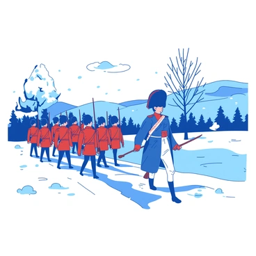 A blue Napoleon in a classic military uniform is leading a group of soldiers through a snowy landscape. The soldiers, dressed in red and white uniforms, are marching in formation, their breath visible in the cold air. Flurries of snow are falling around them, covering the ground in a thick layer of white. In the background, there are bare trees and distant hills, all shrouded in a cold winter atmosphere. The sky is overcast, adding to the chill of the scene.