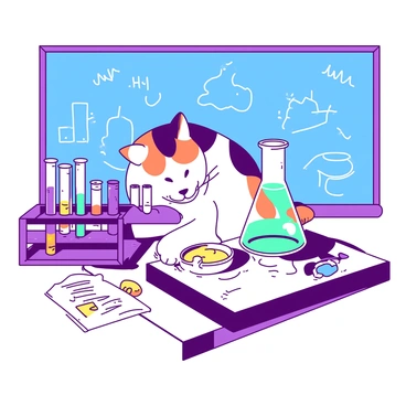 A white calico cat with orange and black patches is curiously inspecting a colorful science experiment on a lab table. The table is cluttered with various lab equipment, including a glass beaker filled with a teal liquid that is bubbling gently. There are also several test tubes in a purple rack, each containing different colored liquids. The cat's paw is playfully reaching towards a small white petri dish that has a vibrant yellow substance in it. In the background, a blue chalkboard displays scientific formulas and sketches related to the experiment.