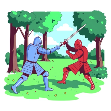 Two knights wearing shining armor are engaged in a friendly swordsmanship practice in a green forest clearing. One knight, clad in blue armor, is positioned in a defensive stance, raising his sword to block an attack. The other knight, dressed in red armor, is lunging forward with his sword aimed at the opponent. Tall trees surround the clearing, their leaves a vibrant shade of green, filtering sunlight onto the ground. In the background, there are patches of colorful wildflowers adding detail to the scene.