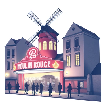 The façade of the Moulin Rouge is prominently featured at night. The iconic windmill sits atop the building, illuminated against the evening sky. The entrance is adorned with vibrant lights, creating a festive atmosphere. The red-painted exterior is detailed with ornate decorations, while large, bright signage displays the name "Moulin Rouge" prominently. People can be seen mingling outside, adding life to the scene, while the glow of the lights reflects off nearby surfaces.