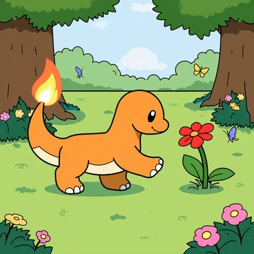A small orange Charmander with a cheerful expression is walking through a vibrant green forest. Its tail flame flickers brightly as it curiously examines its surroundings. The forest floor is covered in rich, green grass, dotted with a variety of colorful flowers in shades of pink, yellow, and blue. Sunlight filters through the leaves of the tall trees overhead, casting playful shadows on the ground. Charmander is captivated by a bright red flower swaying gently in the breeze, leaning closer to get a better look. Butterflies flutter around, adding to the lively atmosphere of the scene.