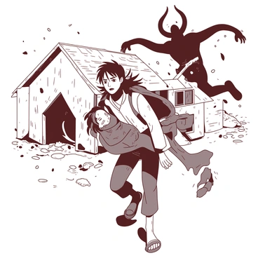 A brave character with dark hair tied back is lifting an injured villager over his shoulder while rushing away from a white house that is crumbling down around them. The scene is chaotic, with debris falling and dust filling the air. In the background, a shadowy figure representing a demon looms, showcasing sharp claws and a menacing expression. The villager in the character's arms is wearing a torn traditional outfit, with a look of fear and gratitude. The character's expression is focused and determined as he weaves through the wreckage, prioritizing the safety of the villagers. The atmosphere is tense as the collapsing house creates a sense of urgency in the rescue effort.